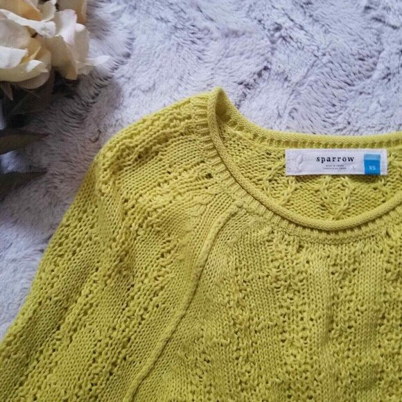 Anthro Sparrow 100% Cotton Yellow 3/4 Sleeve Cable Knit Crew Neck Sweater Sz XS - Picture 4 of 10